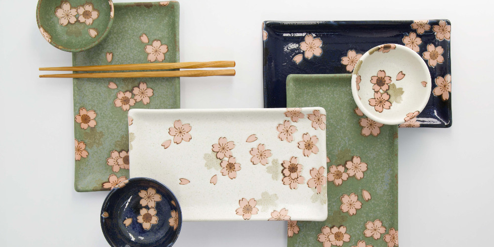 Sushi set with plate, sauce bowl and chopsticks